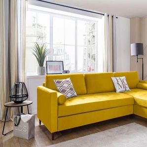 Ecksofa INOSIGN Glyn Sofas Gr. B/H: 245 cm x 74 cm, Samtvelours, Recamiere rechts, ohne Bettfunktion und ohne Bettkasten, gelb (yellow) Ecksofas inklusive Zierkissenrollen, auch mit Bettfunktion