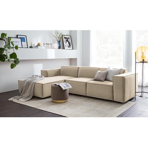 Ecksofa mit Longchair Beige Samt Shyla 260cm Longchair davorstehend links Keine Funktion Glamour
