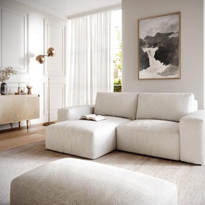 Ecksofa Lanzo 230x155 cm Bouclé Creme-Weiß Recamiere variabel mit Hocker, Ecksofas