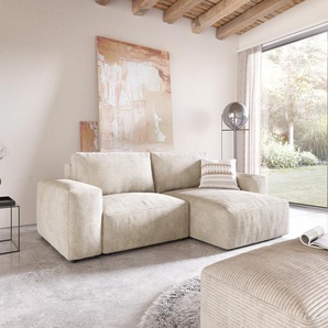 Ecksofa Lanzo 230x155 cm Cord Beige Recamiere variabel mit Hocker, Ecksofas