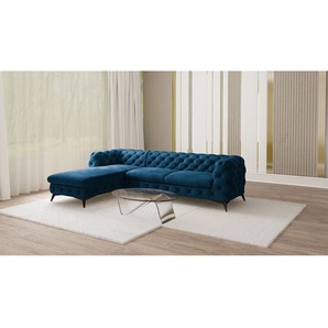 Ecksofa I Blau Samt Ravi 305cm Ottomane davorstehend links Glamour
