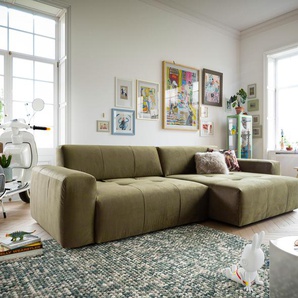 Ecksofa Lazaro 300x160 cm Samt Olive Ottomane rechts mit Sitztiefenverstellung, Ecksofas