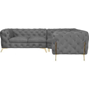 Chesterfield-Sofa LEONIQUE Amaury Sofas Gr. B/H/T: 264 cm x 75 cm x 262 cm, Samtoptik, gleichschenklig, Füße goldfarben, grau Chesterfieldsofas Chesterfield-Optik, BreiteTiefe je 262 cm, Fußfarbe wählbar