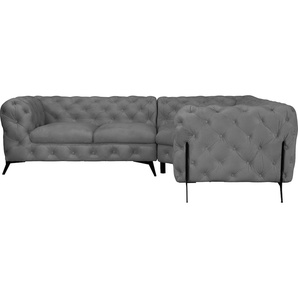 Chesterfield-Sofa LEONIQUE Amaury Sofas Gr. B/H/T: 264 cm x 75 cm x 262 cm, Samtoptik, gleichschenklig, Füße schwarz, grau Chesterfieldsofas Chesterfield-Optik, BreiteTiefe je 262 cm, Fußfarbe wählbar