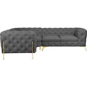 Chesterfield-Sofa LEONIQUE Amaury Sofas Gr. B/H/T: 264 cm x 75 cm x 262 cm, Struktur, gleichschenklig, Füße goldfarben, grau Chesterfieldsofas Chesterfield-Optik, BreiteTiefe je 262 cm, Fußfarbe wählbar