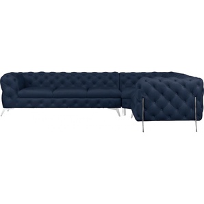Chesterfield-Sofa LEONIQUE Amaury Sofas Gr. B/H/T: 323 cm x 75 cm x 264 cm, Samtoptik, langer Schenkel links, Füße chromfarben, blau Chesterfieldsofas großes Ecksofa, Chesterfield-Optik, Breite 323 cm, Fußfarbe wählbar