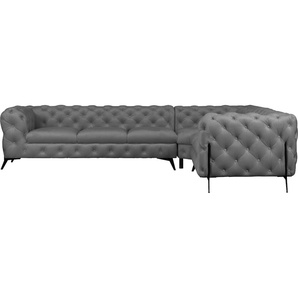 Chesterfield-Sofa LEONIQUE Amaury Sofas Gr. B/H/T: 323 cm x 75 cm x 264 cm, Samtoptik, langer Schenkel links, Füße schwarz, grau Chesterfieldsofas großes Ecksofa, Chesterfield-Optik, Breite 323 cm, Fußfarbe wählbar