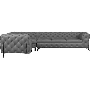 Chesterfield-Sofa LEONIQUE Amaury Sofas Gr. B/H/T: 323 cm x 75 cm x 264 cm, Samtoptik, langer Schenkel rechts, Füße schwarz, grau Chesterfieldsofas großes Ecksofa, Chesterfield-Optik, Breite 323 cm, Fußfarbe wählbar