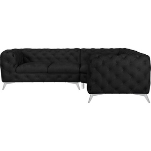 Chesterfield-Sofa LEONIQUE Glynis Sofas Gr. B/H/T: 264 cm x 75 cm x 204 cm, Samtoptik, langer Schenkel links, Fußfarbe chromfarben, grau (charcoal) Chesterfieldsofas aufwändige Knopfheftung, moderne Chesterfield Optik, Fußfarbe wählbar