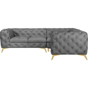 Chesterfield-Sofa LEONIQUE Glynis Sofas Gr. B/H/T: 264 cm x 75 cm x 204 cm, Samtoptik, langer Schenkel links, Fußfarbe goldfarben, grau (hellgrau) Chesterfieldsofas aufwändige Knopfheftung, moderne Chesterfield Optik, Fußfarbe wählbar