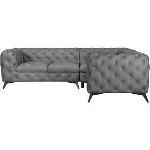 Chesterfield-Sofa LEONIQUE Glynis Sofas Gr. B/H/T: 264 cm x 75 cm x 204 cm, Samtoptik, langer Schenkel links, Fußfarbe schwarz, grau (hellgrau) Chesterfieldsofas aufwändige Knopfheftung, moderne Chesterfield Optik, Fußfarbe wählbar