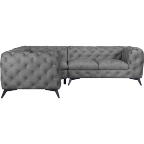 Chesterfield-Sofa LEONIQUE Glynis Sofas Gr. B/H/T: 264 cm x 75 cm x 204 cm, Samtoptik, langer Schenkel rechts, Fußfarbe schwarz, grau (hellgrau) Chesterfieldsofas aufwändige Knopfheftung, moderne Chesterfield Optik, Fußfarbe wählbar