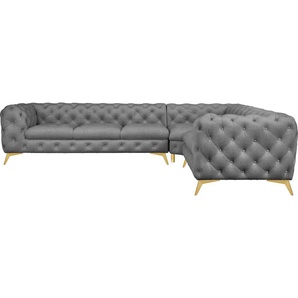 Chesterfield-Sofa LEONIQUE Glynis Sofas Gr. B/H/T: 323 cm x 75 cm x 264 cm, Samtoptik, langer Schenkel links, Fußfarbe goldfarben, grau (hellgrau) Chesterfieldsofas aufwändige Knopfheftung, moderne Chesterfield Optik, Fußfarbe wählbar