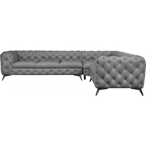 Chesterfield-Sofa LEONIQUE Glynis Sofas Gr. B/H/T: 323 cm x 75 cm x 264 cm, Samtoptik, langer Schenkel links, Fußfarbe schwarz, grau (hellgrau) Chesterfieldsofas aufwändige Knopfheftung, moderne Chesterfield Optik, Fußfarbe wählbar