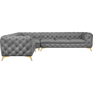 Chesterfield-Sofa LEONIQUE Glynis Sofas Gr. B/H/T: 323 cm x 75 cm x 264 cm, Samtoptik, langer Schenkel rechts, Fußfarbe goldfarben, grau (hellgrau) Chesterfieldsofas aufwändige Knopfheftung, moderne Chesterfield Optik, Fußfarbe wählbar