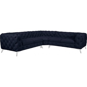 Chesterfield-Sofa LEONIQUE Glynis Sofas Gr. H/T: 75 cm x 264 cm, Samtoptik, gleichschenklig, Fußfarbe chromfarben, blau (deep ocean) Chesterfieldsofas aufwändige Knopfheftung, moderne Chesterfield Optik, Fußfarbe wählbar