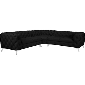 Chesterfield-Sofa LEONIQUE Glynis Sofas Gr. H/T: 75 cm x 264 cm, Samtoptik, gleichschenklig, Fußfarbe chromfarben, grau (charcoal) Chesterfieldsofas aufwändige Knopfheftung, moderne Chesterfield Optik, Fußfarbe wählbar