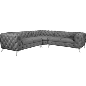 Chesterfield-Sofa LEONIQUE Glynis Sofas Gr. H/T: 75 cm x 264 cm, Samtoptik, gleichschenklig, Fußfarbe chromfarben, grau (hellgrau) Chesterfieldsofas aufwändige Knopfheftung, moderne Chesterfield Optik, Fußfarbe wählbar