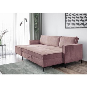 Ecksofa Maura Pink Cordstoff Poppy 232 x 90 x 154cm Longchair beidseitig montierbar mit Hocker Modern
