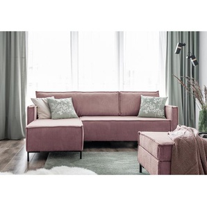 Ecksofa Maura Pink Cordstoff Poppy 232 x 90 x 154cm Longchair beidseitig montierbar ohne Hocker Modern