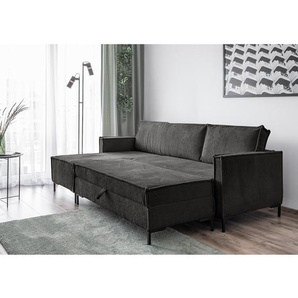 Ecksofa Maura Schwarz Cordstoff Poppy 232 x 90 x 154cm Longchair beidseitig montierbar mit Hocker Modern