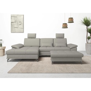 Ecksofa PLACES OF STYLE Costello L-Form, mit Sitztiefenverstellung, Armteilverstellung und, grau (hellgrau), B:301cm H:89cm T:176cm, Luxus-Microfaser (90% Polyester, 10% Polyamid), Samtoptik (100% Polyester), Sofas, 3 Nierenkissen, optional Bettfunktion
