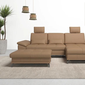 Ecksofa PLACES OF STYLE Costello L-Form, mit Sitztiefenverstellung, Armteilverstellung und, braun (cappucino), B:301cm H:89cm T:176cm, Luxus-Microfaser (90% Polyester, 10% Polyamid), Samtoptik (100% Polyester), Sofas, 3 Nierenkissen, optional Bettfunktion