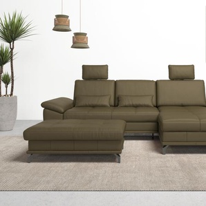 Ecksofa PLACES OF STYLE Costello L-Form, mit Sitztiefenverstellung, Armteilverstellung und, grün (olive), B:301cm H:89cm T:176cm, Luxus-Microfaser (90% Polyester, 10% Polyamid), Samtoptik (100% Polyester), Sofas, 3 Nierenkissen, optional Bettfunktion und