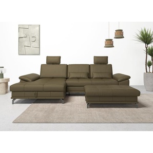 Ecksofa PLACES OF STYLE Costello L-Form, mit Sitztiefenverstellung, Armteilverstellung und, grün (olive), B:301cm H:89cm T:176cm, Luxus-Microfaser (90% Polyester, 10% Polyamid), Samtoptik (100% Polyester), Sofas, 3 Nierenkissen, optional Bettfunktion und
