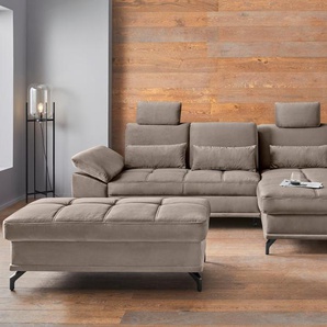 Ecksofa PLACES OF STYLE Costello L-Form, mit Sitztiefenverstellung, Armteilverstellung und, beige (sand), B:301cm H:89cm T:176cm, 100% Polyester, Samtoptik (100% Polyester), Sofas, 3 Nierenkissen, optional Bettfunktion und Bettkasten, Topseller