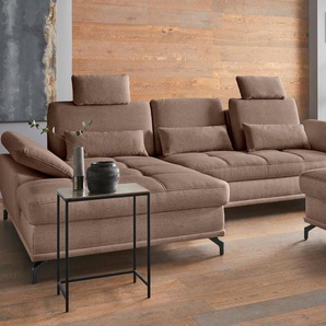 Ecksofa PLACES OF STYLE Costello L-Form, mit Sitztiefenverstellung, Armteilverstellung und, braun (hellbraun), B:301cm H:89cm T:176cm, 100% Polyester, Samtoptik (100% Polyester), Sofas, 3 Nierenkissen, optional Bettfunktion und Bettkasten, Topseller