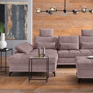 Ecksofa PLACES OF STYLE Costello L-Form, mit Sitztiefenverstellung, Armteilverstellung und, lila (flieder), B:301cm H:89cm T:176cm, 100% Polyester, Samtoptik (100% Polyester), Sofas, 3 Nierenkissen, optional Bettfunktion und Bettkasten, Topseller