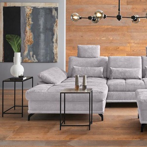 Ecksofa PLACES OF STYLE Costello L-Form, mit Sitztiefenverstellung, Armteilverstellung und, silber, B:301cm H:89cm T:176cm, 100% Polyester, Samtoptik (100% Polyester), Sofas, 3 Nierenkissen, optional Bettfunktion und Bettkasten, Topseller