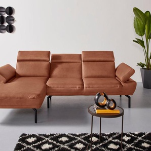 Ecksofa PLACES OF STYLE Trapino Luxus L-Form Sofas Gr. B/H/T: 265 cm x 83 cm x 169 cm, Lu x us-Microfaser in Lederoptik, Recamiere links, Mit Kopfteilverstellung-Mit Armteilverstellung, braun (cognac) Ecksofas