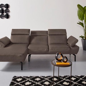 Ecksofa PLACES OF STYLE Trapino Luxus L-Form Sofas Gr. B/H/T: 265 cm x 83 cm x 169 cm, Lu x us-Microfaser in Lederoptik, Recamiere links, Mit Kopfteilverstellung-Mit Armteilverstellung, braun (dunkelbraun) Ecksofas