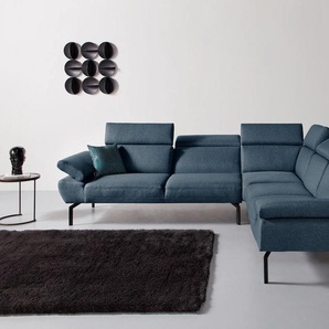 Ecksofa PLACES OF STYLE Trapino Luxus Sofas Gr. B/H/T: 280 cm x 83 cm x 240 cm, Struktur fein, langer Schenkel links, Mit Kopfteilverstellung-Mit Armteilverstellung, blau (dunkelblau) Ecksofas