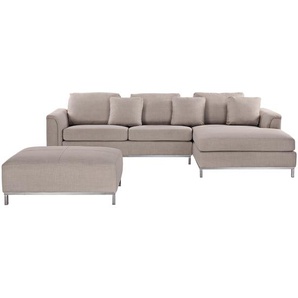 Ecksofa Beige Polsterbezug L-Förmig Rechtsseitig Modern Zierkissen Ottomane Wohnzimmer