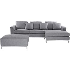 Ecksofa Hellgrau Polsterbezug L-Förmig Linksseitig Modern Ottomane Zierkissen Wohnzimmer