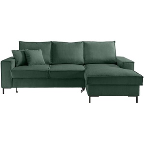 Ecksofa Récamiere Schlaffunktion Bettkasten Couch Polsterecke in Cord Grün / 17221