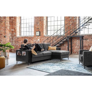 Ecksofa mit opt. Schlaffunktion Grau/Vintage Braun Samt Krysia 236 x 84 x 148cm Longchair davorstehend rechts mit Schlaffunktion Modern