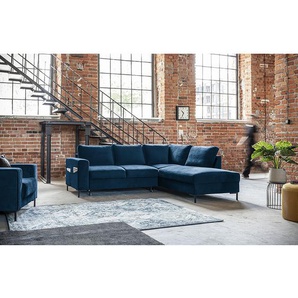 Ecksofa mit Ottomane Blau Samt Krysia 237 x 84 x 197cm Ottomane davorstehend rechts Modern