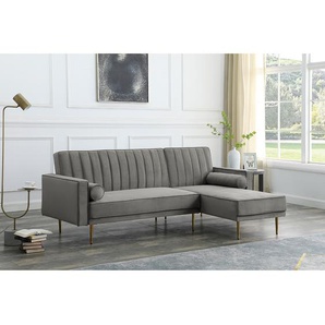 Ecksofa SATAI mit Schaffunktion Grau Samt Ceara 223 x 86 x 144cm Longchair beidseitig montierbar mit Schlaffunktion Glamour