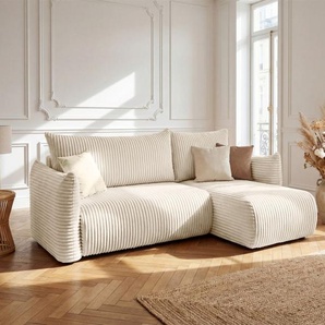 Ecksofa Schlafsofa MAILAND XS in Stoff Tilia Ecru Ottomane Rechts