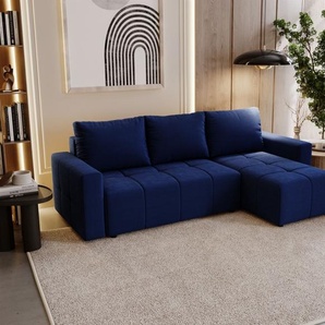 Ecksofa Schlafsofa NOHA in Stoff Kronos Dunkelblau Ottomane Rechts