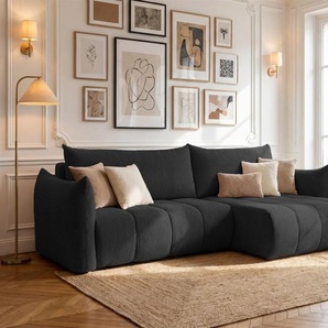 Ecksofa Schlafsofa ONTARIO in Stoff Poso Schwarz Ottomane Rechts