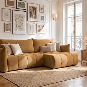 Ecksofa Schlafsofa ONTARIO in Stoff Poso Senfgelb Ottomane Rechts
