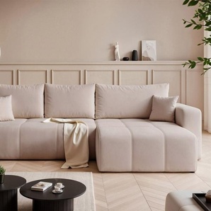 Ecksofa Schlafsofa Sofa LEROS XL in Stoff Manila Beige Ottomane Rechts