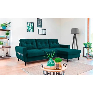 Ecksofa mit Longchair Blau/Petrol Samt Krysia 233 x 90 x 148cm Longchair davorstehend rechts ohne Schlaffunktion Glamour