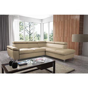 Ecksofa Waal I Beige/Warmes Beige Sitz & Rücken: Echtleder Korpus: Kunstleder Füße: Metall verchromt 252 x 76 x 208cm Ottomane davorstehend