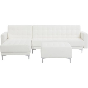 Ecksofa Weiß Kunstleder L-Förmig Rechtsseitig Schalffunktion Klassisch Ottomane Wohnzimmer